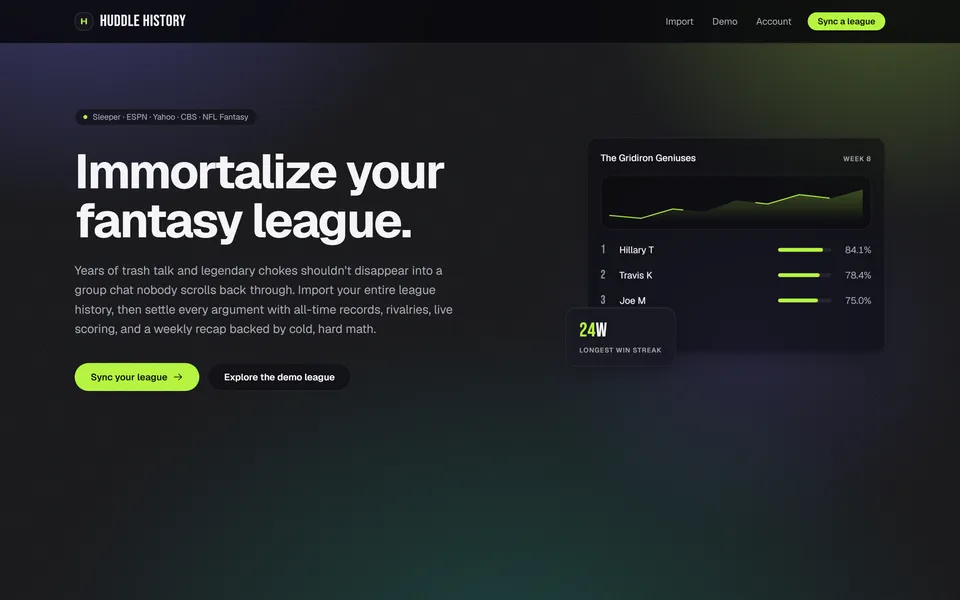 Screenshot of the Huddle History website homepage